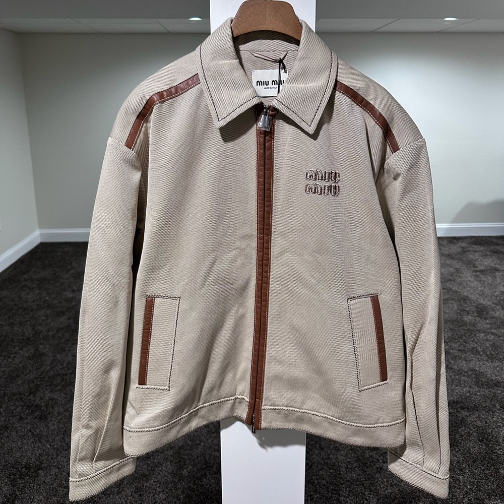 Miu Miu SS24 Jacquard Canvas Blouson Parquet Beige Zip Jacket